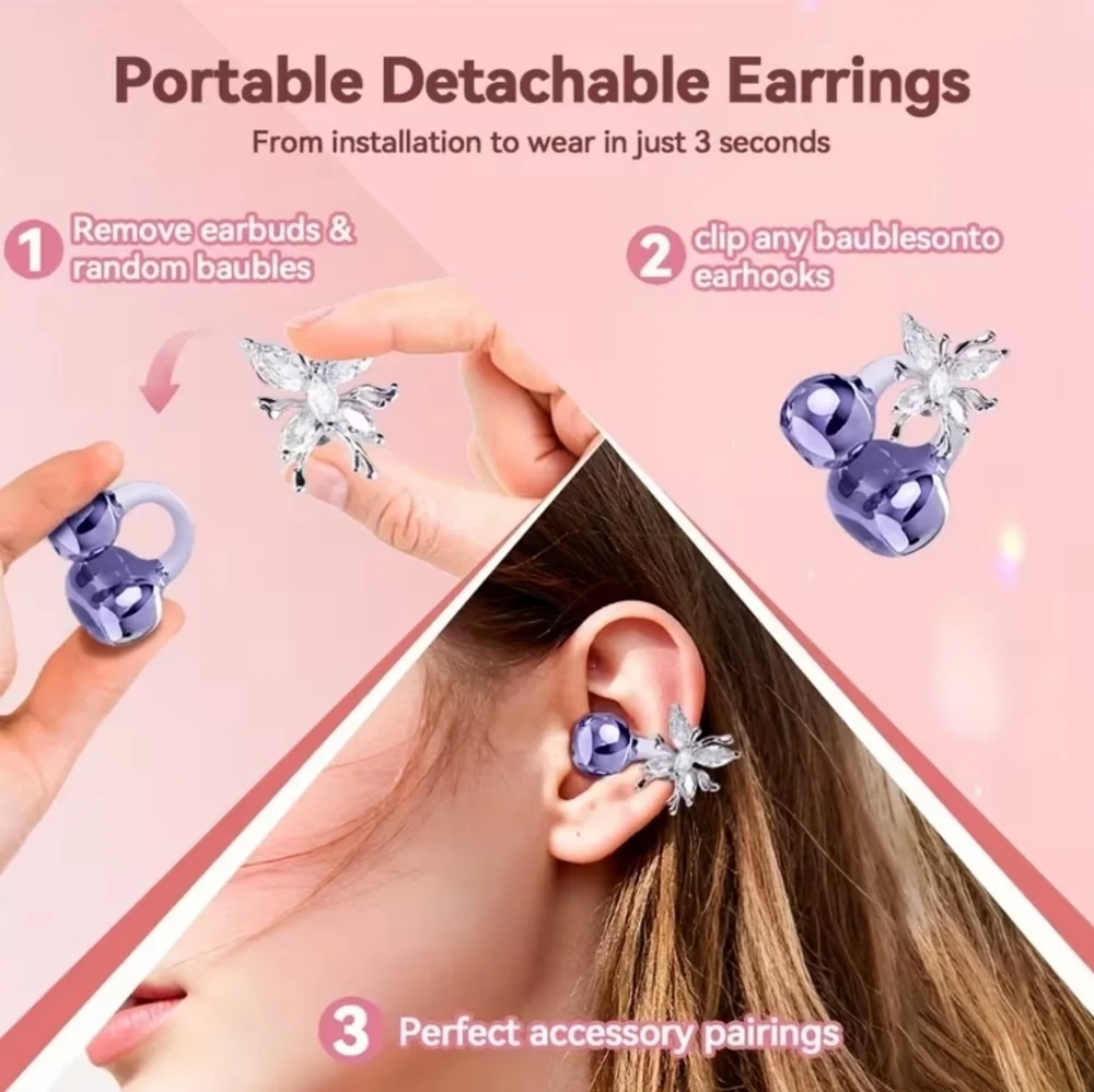 LIFEBEE Clip-On Earbuds, Wireless Open Earphones w- Detachable Beautiful Earring